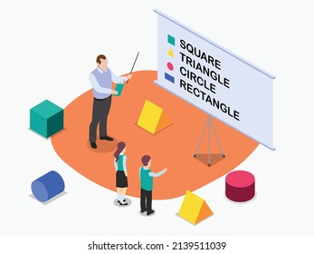 Learning shapes vector concept. Two cute kids learning shapes with their teacher while standing together in the classroom