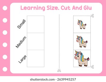 learning size , cut and glue cute unicorn . kids education and learning 