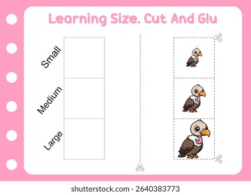 learning size , cut and glue cute vulture . kids education and learning 