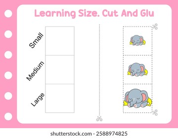 learning size , cut and glue elephant. kids education and play 