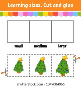 Learning sizes. Cut and glue. Easy level. Christmas theme. Color activity worksheet. Game for children. Cartoon character. Vector illustration.