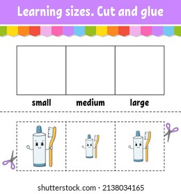 Learning sizes. Cut and glue. Easy level. Color activity worksheet. Game for children. Cartoon character. Vector illustration.