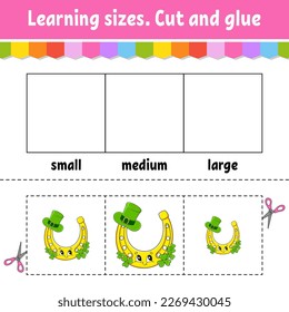 Learning sizes. Cut and glue. Easy level. Color activity worksheet. Game for children. Cartoon character. Vector illustration.