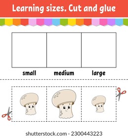 Learning sizes. Cut and glue. Easy level. Color activity worksheet. Game for children. Cartoon character. Vector illustration.