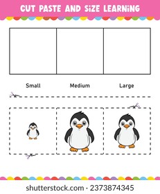Learning sizes Cut and Paste easy activity worksheet game for children with Cute Animal
