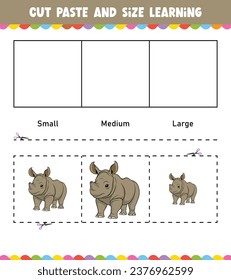 Learning sizes Cut and Paste easy activity worksheet game for children with Cute Animal Rhino
