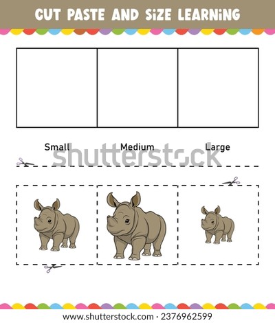 Learning sizes Cut and Paste easy activity worksheet game for children with Cute Animal Rhino
