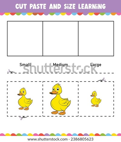 Learning sizes Cut and Paste easy activity worksheet game for children with Cute Animal