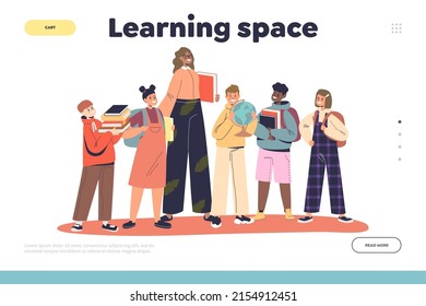 El concepto de espacio de aprendizaje de la página de inicio con un grupo de niños alegres sosteniendo libros, globos y libros de texto. Feliz clase de estudiantes juntos. Dibujo vectorial plano de dibujos animados