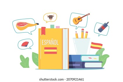 Learning Spanish, Espanol Foreign Language Concept with Textbooks and Stationery. Courses, Classes, Webinar, Online Education, Distant Lessons Educational Workshop. Cartoon Vector Illustration