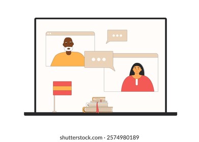 Learning spanish language online with conversation. Buddy system. Native speaker talking with adult student and practice pronunciation and reading skills of foreign language. Vector flat illustration.