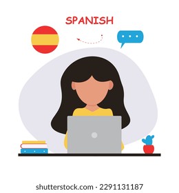 Aprendiendo español. Aprendiendo un idioma en línea, cursos de español. La chica está estudiando a distancia. Ilustración vectorial plana aislada en fondo blanco, eps 10.