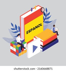 Learning Spanish language with online streaming isometric 3d vector illustration concept for banner, website, illustration, landing page, flyer, etc.