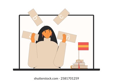 Learning spanish online. Native speaker teacher training pronunciation, and other skills of foreign language. Woman practice grammar isolated on white background. Vector outline flat illustration.