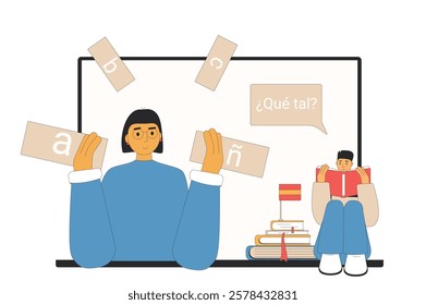 Learning spanish online and prepare for exam. Teacher with adult student training pronunciation and speaking skills of foreign language for test. Vector outline illustration.