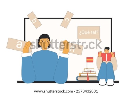 Learning spanish online and prepare for exam. Teacher with adult student training pronunciation and speaking skills of foreign language for test. Vector outline illustration.