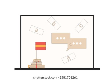 Learning spanish online school. Practice and training pronunciation and other skills of foreign language. Laptop with Spain flag isolated on white background. Vector outline flat illustration.