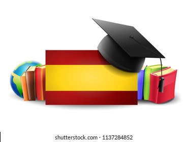 Learning to speak Spanish: Flag of Spain with books and teaching elements. Vector