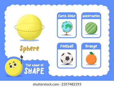 Learning sphere shape sheet with object cards, illustration cartoon vector design on white background. kid and study game concept.