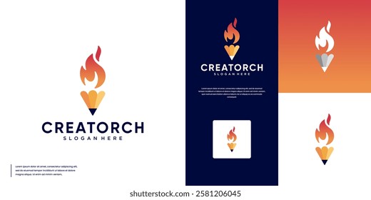 learning spirit logo with pencil and torch theme, solution, graphic design template.