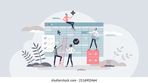 Learning spreadsheets and studying worksheets for digital data processing tiny person concept. Formula and function options knowledge for analytical and visual information work vector illustration.