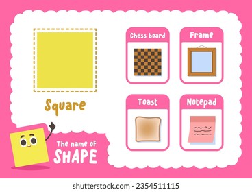 Learning square shape sheet with object cards, illustration cartoon vector design on white background. kid and study game concept.