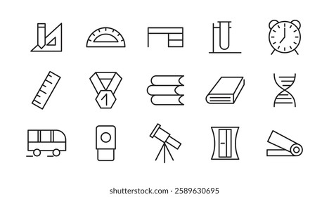 Learning and Stationery line icon set. Including books, students, graduation, drawing, school, knowledge, learning, supplies, and science line icon collection. UI thin line icon pack.