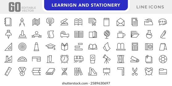 Learning and Stationery line icon set. Including books, students, graduation, drawing, school, knowledge, learning, supplies, and science line icon collection. UI thin line icon pack.