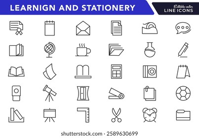 Learning and Stationery line icon set. Including books, students, graduation, drawing, school, knowledge, learning, supplies, and science line icon collection. UI thin line icon pack.