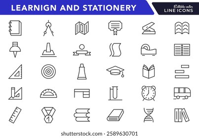 Learning and Stationery line icon set. Including books, students, graduation, drawing, school, knowledge, learning, supplies, and science line icon collection. UI thin line icon pack.