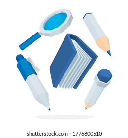 Learning, studding and knowledge metaphor illustration. Back to school. Flying isometric book, pen, pencil and magnifier. Part of set.