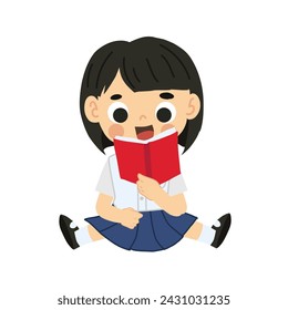 Concepto de Aprendizaje y Estudio. Adorable estudiante tailandés de dibujos animados sentado y leyendo libro.