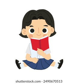Learning and Study Concept. Adorable Thai Student Cartoon Sitting and Reading Book.