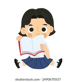 Concepto de Aprendizaje y Estudio. Adorable estudiante tailandés de dibujos animados sentado y leyendo libro.