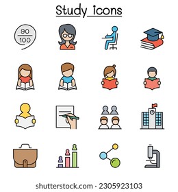 Juego de iconos de la línea de color Aprendizaje, Estudio y Educación