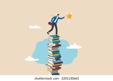 Learning Or Study Help Reach Goal And Success, Knowledge And Education For Business Challenge, Motivation Or Ambition To Learn New Skill Concept, Smart Businessman Climb Book Stack To Reach Goal.