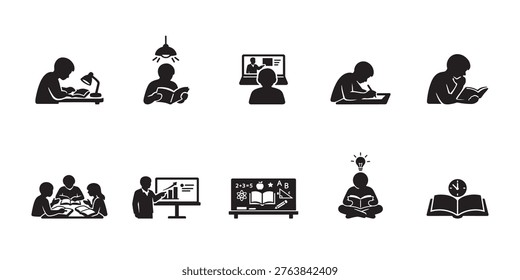 Learning and Study Silhouette Icons Set, Student Education Reading Online Class Vector Collection
