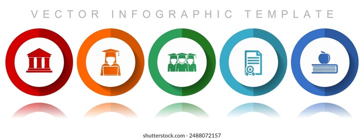 Learning and study vector icon collection, miscellaneous icons such as building, student, diploma and book with apple, flat design infographic template in eps 10