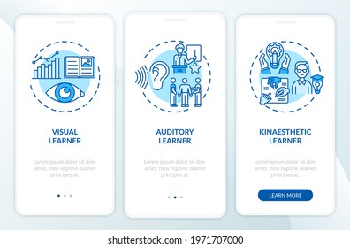 Learning styles blue onboarding mobile app page screen with concepts. Education, studying strategy walkthrough 3 steps graphic instructions. UI, UX, GUI vector template with linear color illustrations