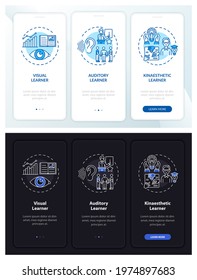 Learning styles onboarding mobile app page screen with concepts. Education strategy walkthrough 3 steps graphic instructions. UI, UX, GUI vector template with linear night and day mode illustrations