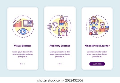 Learning styles onboarding mobile app page screen with concepts. Education, studying strategy walkthrough 3 steps graphic instructions. UI, UX, GUI vector template with linear color illustrations