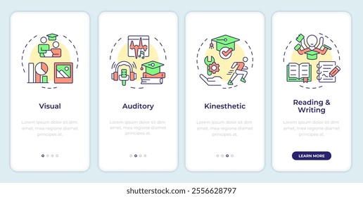 Learning styles onboarding mobile app screen. Education management walkthrough 4 steps editable graphic instructions with linear concepts. UI, UX, GUI template