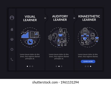 Learning styles onboarding vector template. Responsive mobile website with icons. Web page walkthrough 3 step screens. Academic achievements dark mode concept with linear illustrations