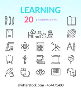 Learning subjects outline icon set of 20 thin modern stylish pixel perfect icons.