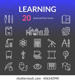 Learning subjects outline icon set of 20 thin modern stylish pixel perfect icons. White line version.