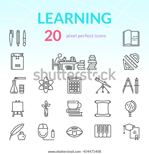Learning subjects outline icon set of 20 thin\
modern stylish pixel perfect\
icons.