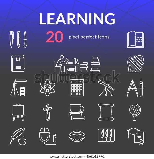 Learning subjects outline icon\
set of 20 thin modern stylish pixel perfect icons. White line\
version.