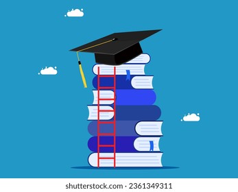 Learning for success. Stack of books with ladder and graduation cap
