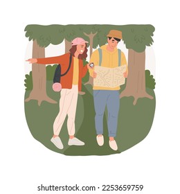 Learning survival skills isolated cartoon vector illustration. People learn to navigate in the forest, mastering survival skills outdoors, dangerous situation simulation vector cartoon.