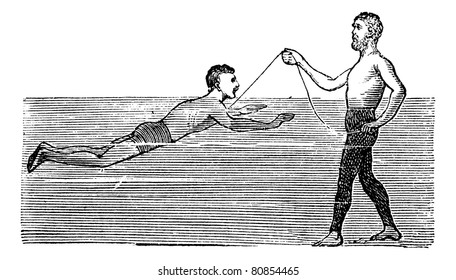 Learning to Swim with the Aid of a Rope, vintage engraved illustration. Trousset encyclopedia (1886 - 1891).